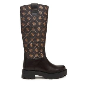 Kozaki Guess. Brązowe kozaki Guess, z aplikacjami, bez obcasa, na płaskiej podeszwie, bez zapięcia. Za 749,99 zł.