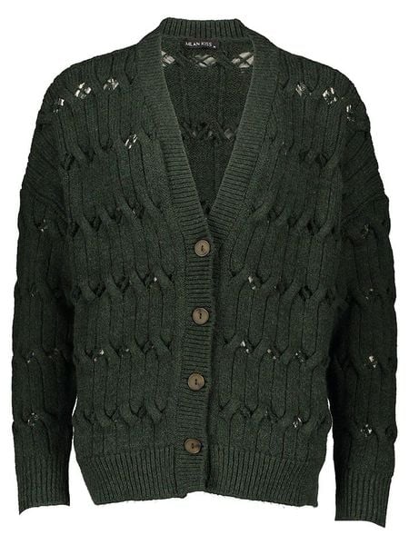 Milan Kiss Kardigan w kolorze ciemnozielonym rozmiar: M. Zielone kardigany Milan Kiss, m, bez wzorów, z bawełny, bez ramiączek. Za 180,49 zł.
