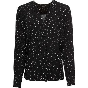 Bluzka w kropki. Czarne bluzki bonprix, bez wzorów, eleganckie, bez kołnierzyka, bez ramiączek. Za 94,99 zł.