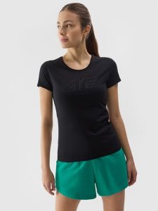 4F T-shirt slim z nadrukiem damski - czarny L. Czarne t-shirty 4f, l, bez wzorów, z bawełny, bez kołnierzyka, bez ramiączek. W wyprzedaży za 29,99 zł.
