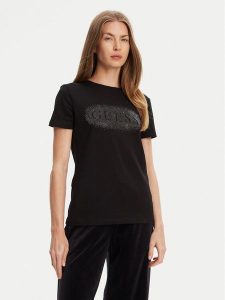 Guess T-Shirt V5YI08 J1314 Czarny Regular Fit. Czarne t-shirty Guess, xs, z aplikacjami, z bawełny, bez kołnierzyka, bez ramiączek. Za 99,99 zł.