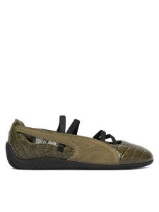 Puma Baleriny Speedcat Ballet 407680 Khaki. Brązowe balerinki Puma, bez wzorów, z lakierowanej skóry, bez obcasa, bez zapięcia. Za 399,99 zł.