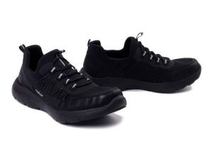 RIEKER M5058-00 black, półbuty damskie. Czarne półbuty Rieker, bez wzorów, bez obcasa, bez zapięcia. Za 339,90 zł.