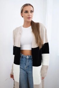 Sweter Kardigan w pasy cappuccino+czarny. Czarne długie swetry KESI, l, z wełny, bez kołnierzyka, plus size. Za 178,78 zł.