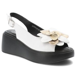 Sandały damskie Filippo, cholewka ze skóry naturalnej ozdobna aplikacja kwiatowa grubsza platformowa podeszwa, białe, DS7578/26. Białe sandały Filippo, z aplikacjami, ze skóry, bez obcasa, na koturnie, bez zapięcia. Za 199,00 zł.