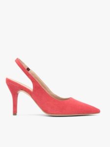 Czerwone czółenka bez pięty slingback. Czerwone czółenka Ryłko, bez wzorów, z gumy, bez obcasa, na obcasie, bez zapięcia. Za 399,99 zł.