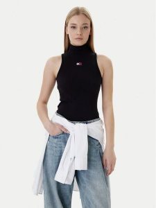 Tommy Jeans Bluzka Badge DW0DW21840 Czarny Slim Fit. Czarne bluzki Tommy Jeans, xxs, bez wzorów, z bawełny, bez kołnierzyka, bez ramiączek. Za 149,99 zł.