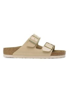 Birkenstock Klapki "Arizona" w kolorze beżowym rozmiar: 40. Brązowe klapki Birkenstock, bez wzorów, z otwartym noskiem, bez obcasa. Za 371,59 zł.