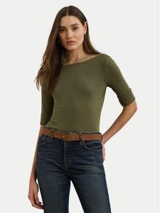 LAUREN RALPH LAUREN Bluzka 200654963189 Zielony Slim Fit. Zielone bluzki Lauren Ralph Lauren, xs, bez wzorów, z bawełny, bez kołnierzyka, bez ramiączek. Za 169,99 zł.