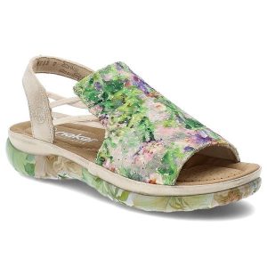 Sandały damskie Rieker, cholewka ze skóry ekologicznej z materiałowym wnętrzem i wsuwane, kolorowe, 64841-90. Zielone sandały Rieker, bez wzorów, z materiału, bez obcasa, bez zapięcia. Za 299,00 zł.