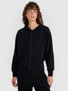 4F Bluza dresowa rozpinana z modalem damska - czarna M. Czarne bluzy 4f, m, bez wzorów, z dresówki, z kapturem. W wyprzedaży za 189,99 zł.