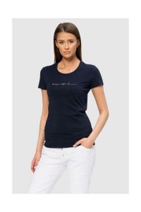 EMPORIO ARMANI Granatowy t-shirt damski z kryształkami, Rozmiar XS. Niebieskie t-shirty Emporio Armani, s, bez wzorów, prążkowane, bez kołnierzyka, bez ramiączek. W wyprzedaży za 199,99 zł.