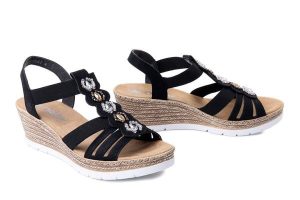RIEKER 619B2-00 black, sandały damskie. Czarne sandały Rieker, bez wzorów, bez obcasa, bez zapięcia. Za 319,90 zł.