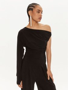 NORMA KAMALI Bluzka KK4236PLC85001 Czarny Slim Fit. Czarne bluzki Norma Kamali, s, bez wzorów, z syntetyku, bez kołnierzyka, bez ramiączek. Za 399,99 zł.