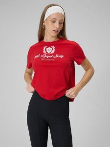 4F T-shirt boxy z nadrukiem damski - czerwony M. Czerwone t-shirty 4f, m, bez wzorów, z bawełny, bez kołnierzyka, bez ramiączek. Za 69,99 zł.