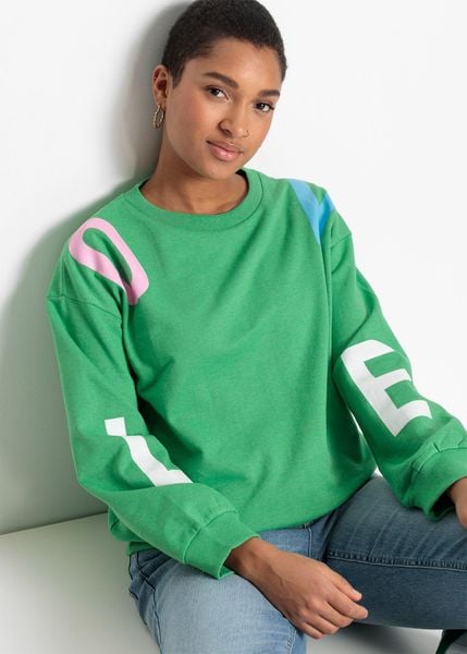 Bluza oversize z miękkiej mieszanki bawełny. Zielone bluzy bonprix, bez wzorów, z bawełny, bez kaptura. Za 99,99 zł.