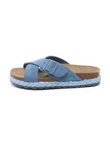 Billowy Skórzane klapki w kolorze błękitnym rozmiar: 41. Niebieskie klapki Billowy, bez wzorów, z otwartym noskiem, bez obcasa. Za 195,99 zł.