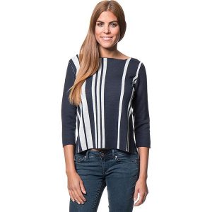 Sweter w kolorze granatowo-białym. Niebieskie swetry oversize marki Benetton, w paski. W wyprzedaży za 129,95 zł.