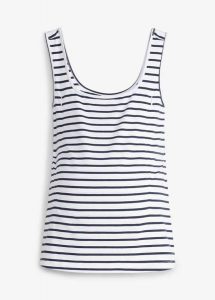 Top ciążowy z ukrytą funkcją karmienia. Niebieskie topy bonprix, bez wzorów, bez kołnierzyka, bez ramiączek. Za 37,99 zł.