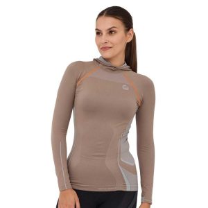 Bluza damska z kapturem Brubeck FITNESS. Brązowe bluzy Brubeck, bez wzorów, z elastanu, z kapturem. W wyprzedaży za 67,99 zł.