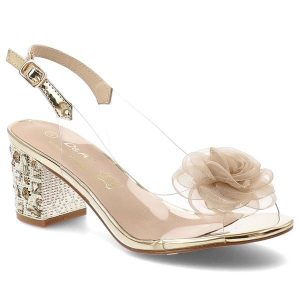 Sandały damskie S.Barski, cholewka z tworzywa ozdobny kwiat pasek z regulacją stabilny obcas, złote, MR61-9011. Żółte sandały S.BARSKI, z aplikacjami, bez obcasa, na obcasie, bez zapięcia. Za 199,00 zł.