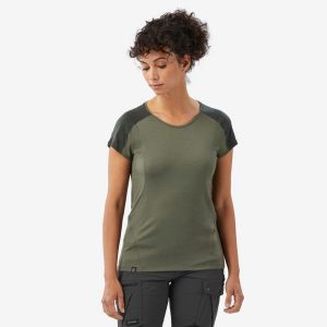 Koszulka damska trekkingowa z krótkim rękawem Merino Resist. Brązowe bluzki FORCLAZ, m, bez wzorów, z elastanu, sportowe, bez kołnierzyka, bez ramiączek. Za 149,99 zł.