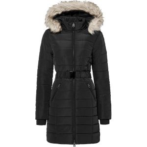 Kurtka pikowana z paskiem. Czarne kurtki bonprix, na zimę, bez wzorów, z kapturem. Za 329,99 zł.