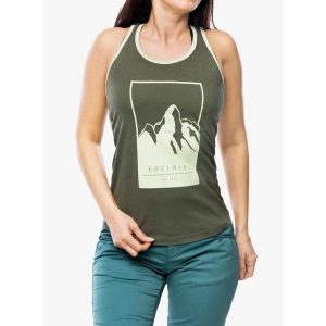 Top wspinaczkowy damski Edelrid Onsight Tank II. Zielone topy EDELRID, bez wzorów, bez kołnierzyka, bez ramiączek. Za 130,99 zł.