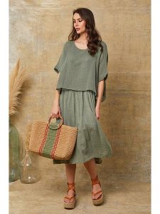 Fleur de Lin Sukienka "Dilla" w kolorze khaki rozmiar: XXL. Brązowe sukienki Fleur de Lin, xxl, bez wzorów, z bawełny, bez kołnierzyka, bez ramiączek, midi. Za 224,45 zł.