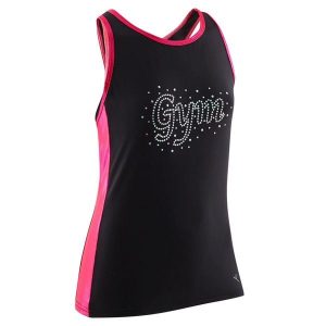 Top do gimnastyki sportowej damski Domyos 500. Czarne topy DOMYOS, bez wzorów, z elastanu, eleganckie, bez kołnierzyka, bez ramiączek. W wyprzedaży za 39,99 zł.