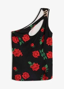 Top na jedno ramię z biżuteryjną ozdobą. Czarne topy bonprix, z aplikacjami, eleganckie, bez kołnierzyka, bez ramiączek. Za 24,99 zł.