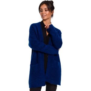 Przytulny sweter kardigan narzutka z wełną granatowy. Niebieskie długie swetry Sukienki.shop, l, z wełny, bez kołnierzyka. Za 249,00 zł.