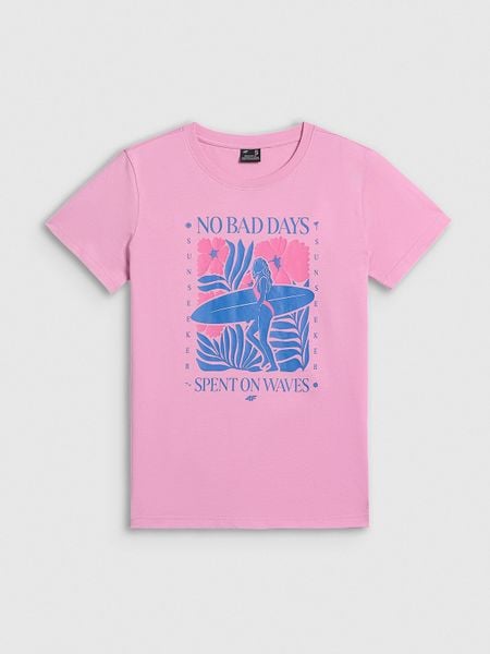 4F T-shirt regular z nadrukiem damski - różowy S. Czerwone t-shirty 4f, s, bez wzorów, z bawełny, bez kołnierzyka, bez ramiączek. Za 59,99 zł.