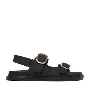 Sandały JENNY. Czarne sandały Jenny, bez wzorów, bez obcasa, na płaskiej podeszwie, bez zapięcia. Za 99,99 zł.