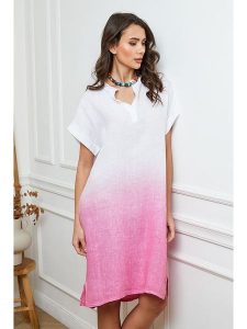 Fleur de Lin Lniana sukienka w kolorze biało-jasnoróżowym rozmiar: XL. Białe sukienki Fleur de Lin, na co dzień, xl, bez wzorów, ze lnu, bez kołnierzyka, bez ramiączek, midi, proste. Za 171,28 zł.