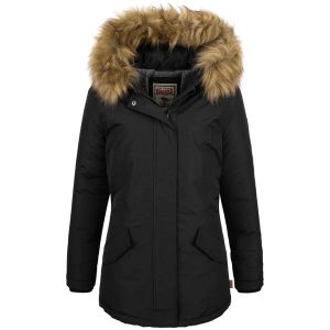 Damska kurtka zimowa Lonsdale Kimmeridge. Czarne kurtki Lonsdale, na zimę, bez wzorów, z puchu, bez kaptura. W wyprzedaży za 456,00 zł.