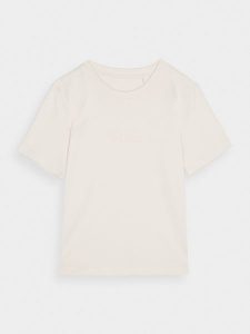 4F T-shirt regular z nadrukiem damski - beżowy XL. Brązowe t-shirty 4f, xl, bez wzorów, z bawełny, bez kołnierzyka, bez ramiączek. W wyprzedaży za 29,99 zł.