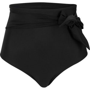 Mocno modelujące figi bikini z wysokim stanem i wiązanym paskiem. Czarne bikini bonprix, bez wzorów. Za 99,99 zł.