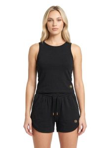 Elegancki damski top bez rękawów. Czarne topy LEONE 1947 APPAREL, xl, bez wzorów, eleganckie, bez kołnierzyka, bez ramiączek. Za 105,21 zł.