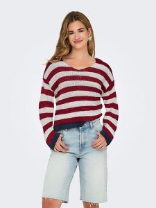 ONLY Sweter w kolorze bordowo-beżowym rozmiar: L. Brązowe swetry oversize ONLY, l, bez wzorów, ze splotem, bez ramiączek. Za 92,21 zł.