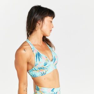 Góra kostiumu kąpielowego surfingowego damska Olaian Ana Leoplant. Bikini OLAIAN, bez wzorów, z elastanu. W wyprzedaży za 39,99 zł.