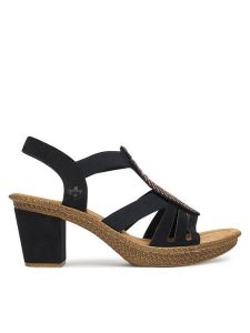 Rieker Sandały 66526-00 Czarny. Czarne sandały Rieker, bez wzorów, z materiału, bez obcasa, na słupku, bez zapięcia. Za 223,99 zł.