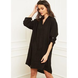 Fleur de Lin Lniana sukienka "Basta" w kolorze czarnym rozmiar: XL. Czarne sukienki Fleur de Lin, xl, bez wzorów, ze lnu, bez kołnierzyka, bez ramiączek, mini. Za 192,40 zł.
