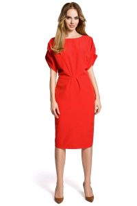 Czerwona Koktajlowa Sukienka Typu Kimono z Zakładkami. Czerwone sukienki MOE, l, bez wzorów, z elastanu, wizytowe, bez kołnierzyka, bez ramiączek. Za 223,90 zł.