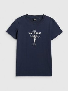 4F T-shirt regular z nadrukiem damski - granatowy XXL. Niebieskie t-shirty 4f, xxl, bez wzorów, bez kołnierzyka, bez ramiączek. Za 49,99 zł.