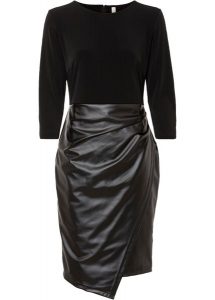Sukienka ze sztucznej skóry z górą z dżerseju. Czarne sukienki bonprix, bez wzorów, z dżerseju, eleganckie, bez kołnierzyka, bez ramiączek. Za 144,99 zł.