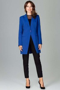 Szafirowy Długi Elegancki Żakiet na Jeden Guzik. Niebieskie marynarki i żakiety Katrus, l, bez wzorów, z materiału, eleganckie. Za 299,00 zł.
