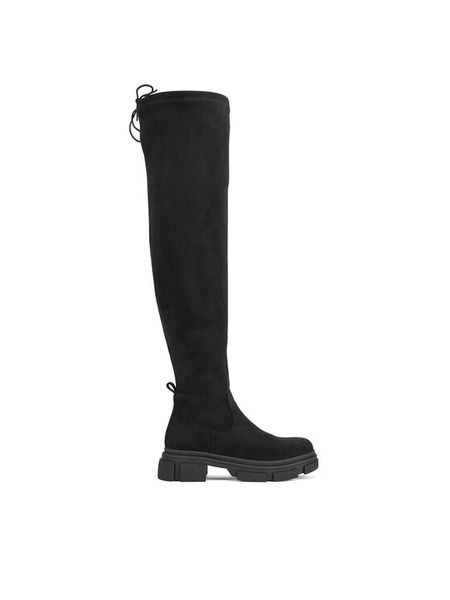 DeeZee Muszkieterki WS0902-01 Czarny. Czarne kozaki DeeZee, bez wzorów, z materiału, bez obcasa, na płaskiej podeszwie, bez zapięcia. Za 199,99 zł.