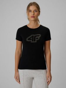 4F T-shirt slim z nadrukiem damski - czarny XS. Czarne t-shirty 4f, xs, bez wzorów, z bawełny, bez kołnierzyka, bez ramiączek. Za 69,99 zł.