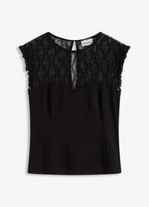 Top z koronką. Czarne topy bonprix, bez wzorów, z koronki, eleganckie, bez kołnierzyka, bez ramiączek. Za 79,99 zł.